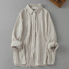 Women Loose Commuter Casual Literature Retro Japanese Linen Striped Shirt Tops
