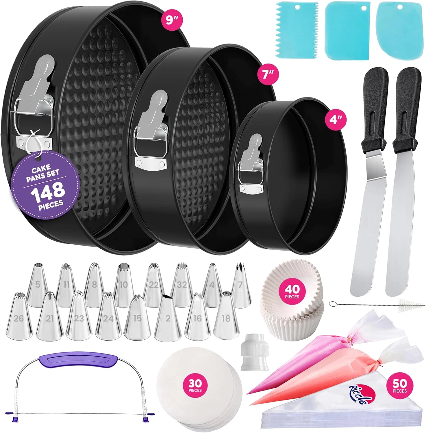 Riccle 148PCs Cake Pan Set for Baking, 3 Non-Stick Springform Pan Set (4, 7, 9 I