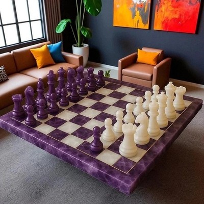 16''Queen Gambit Chess Set Board Game In White Marble with Amethyst Inlay Stone