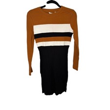 PatPat Womens Bodycon Dress Long Sleeve Striped Ribbed Casual Black Brown NWT