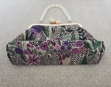 Vintage Style Floral Jaquard Evening Bag Kiss Lock Pearl Clasp Gold Tone Purse