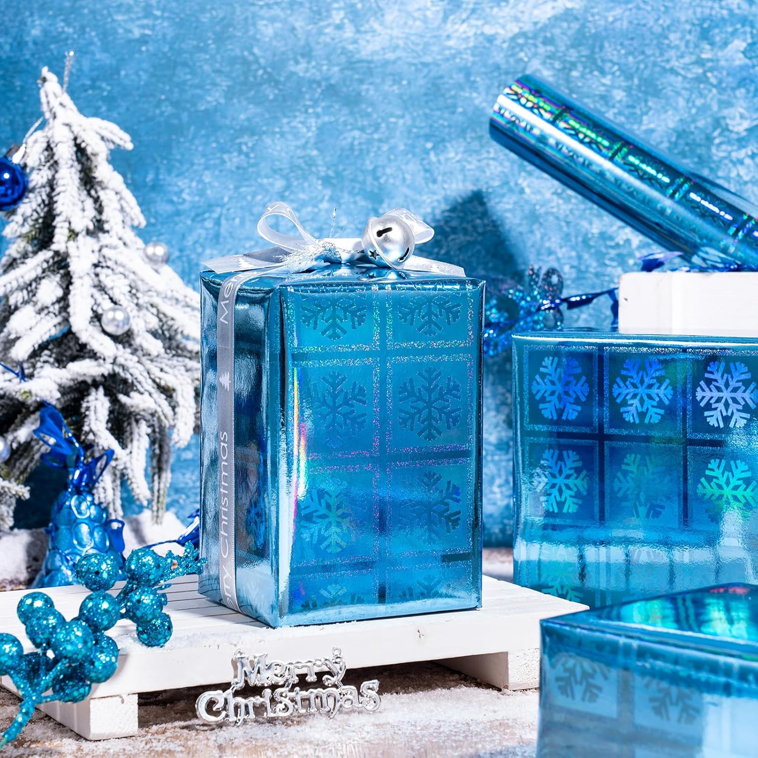 Blue Holographic Wrapping Paper, Metallic Square Snowflake Print for New Year, C