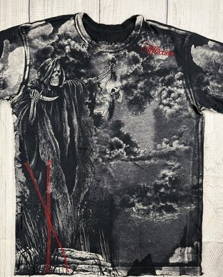 VGC! VTG Affliction Grim Reaper T-Shirt Raw Hem Y2K Black Sz Small