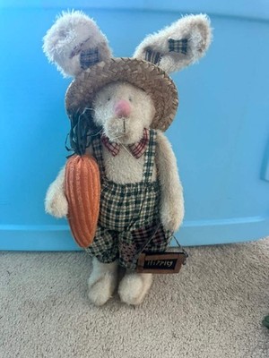 Standing Rustic Farmer Bunny Doll, Boy, Dad with Carrot, ''Hippity'' Sign