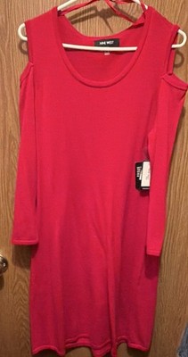 Nine West Red Solid Round Neck Cold Shoulder Long Sleeve Shift Dress Size M