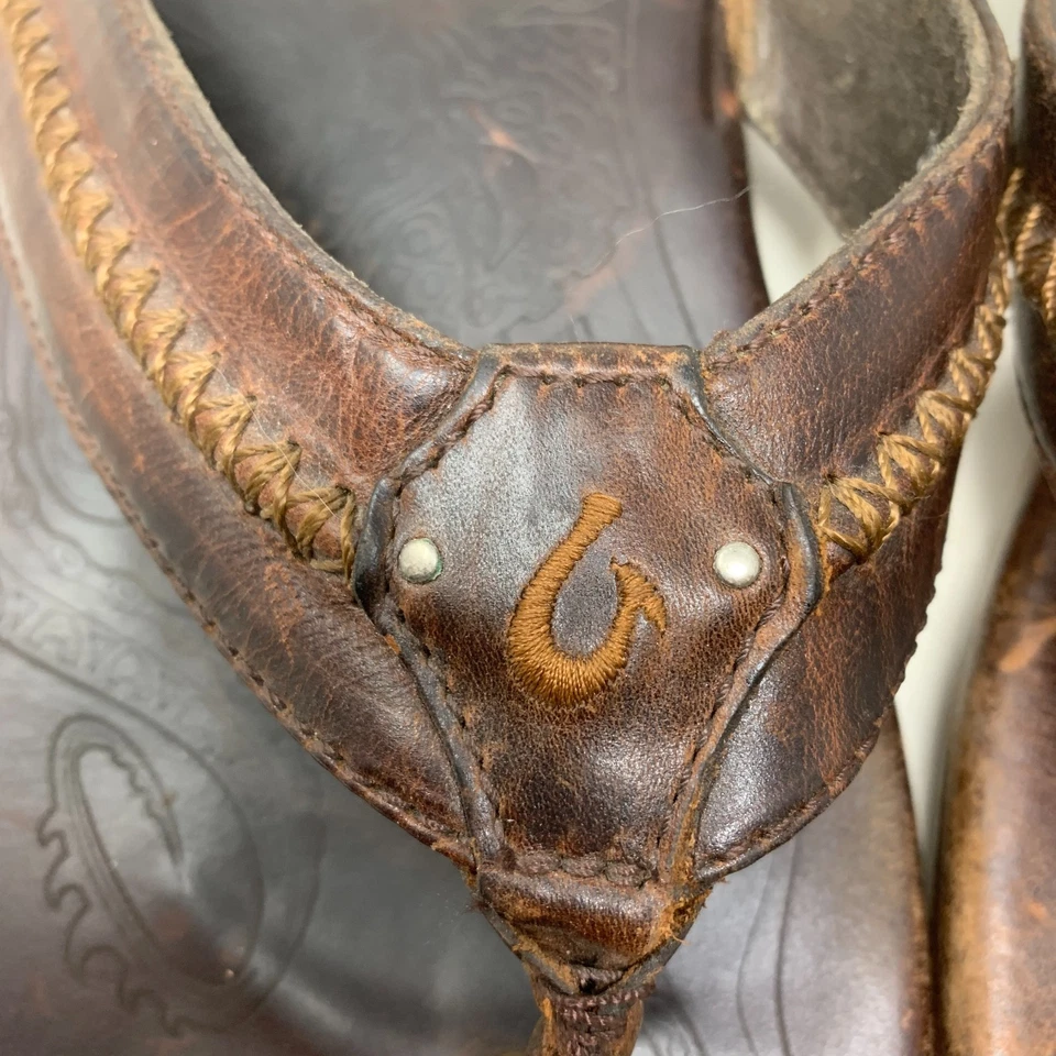 OluKai Mea Ola 男式 12 码棕色涂油皮革凉鞋拖鞋 GF-454 Aloha — 第 4/4 张图片