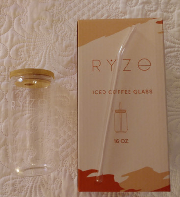 NEW RYZE Coffee Glass Jar Bamboo Lid w/Straw Mushroom 16 oz Iced Tea BPA Free