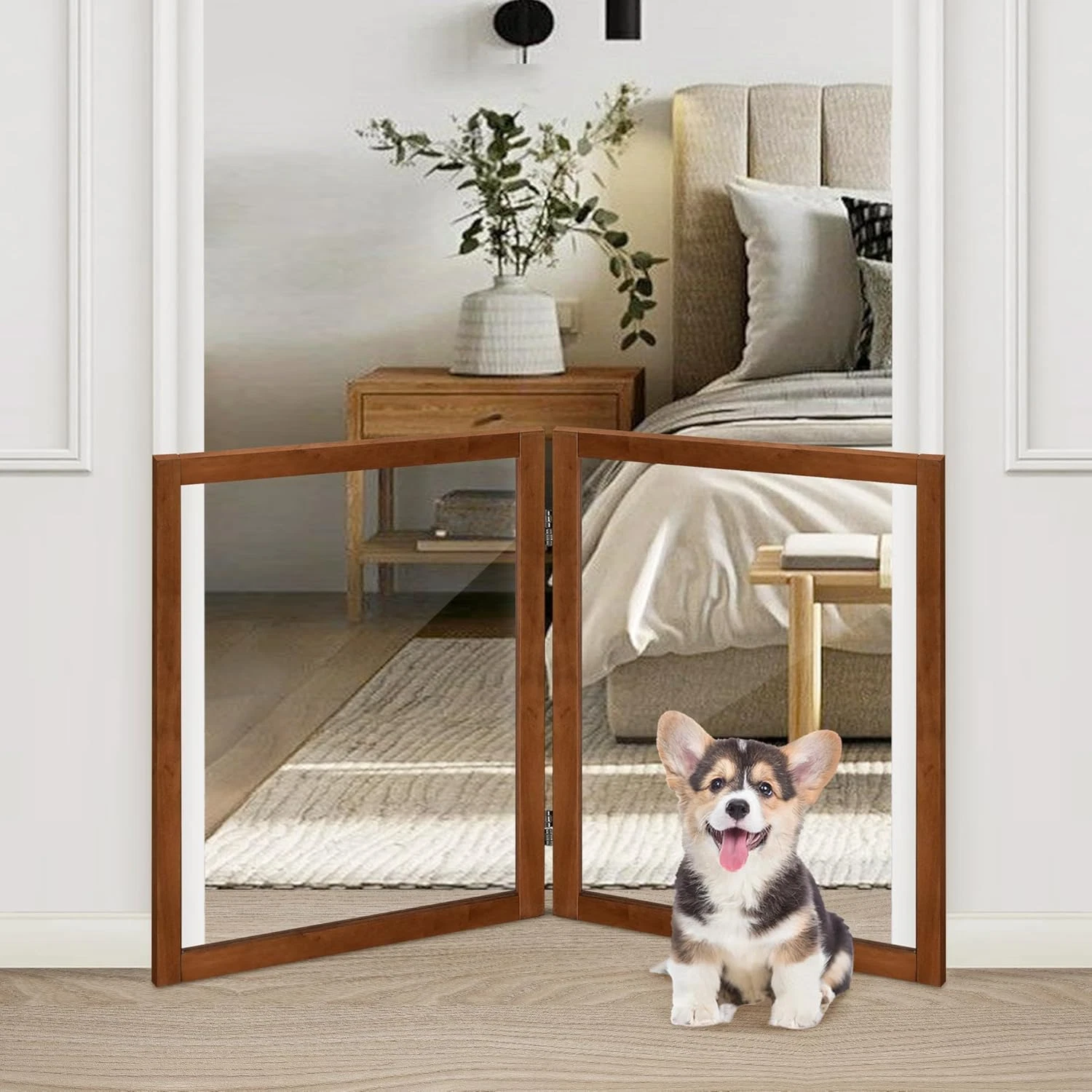 Clear Dog Gate for Indoor Use - Transparent Pet Fence with Solid Hardwood and Pl