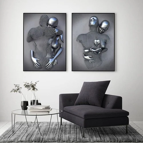 3D Metal-Effect Romantic Embrace Canvas Painting Frameless – C2 2pcs 40x60cm