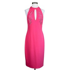 Aidan Mattox Women's Cocktail Dress Size 6 Pink Beaded Cut Out Midi Sheath
