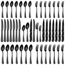 Black Silverware Set, 48-Piece Flatware Set with Steak Knives for 8, Stainles...