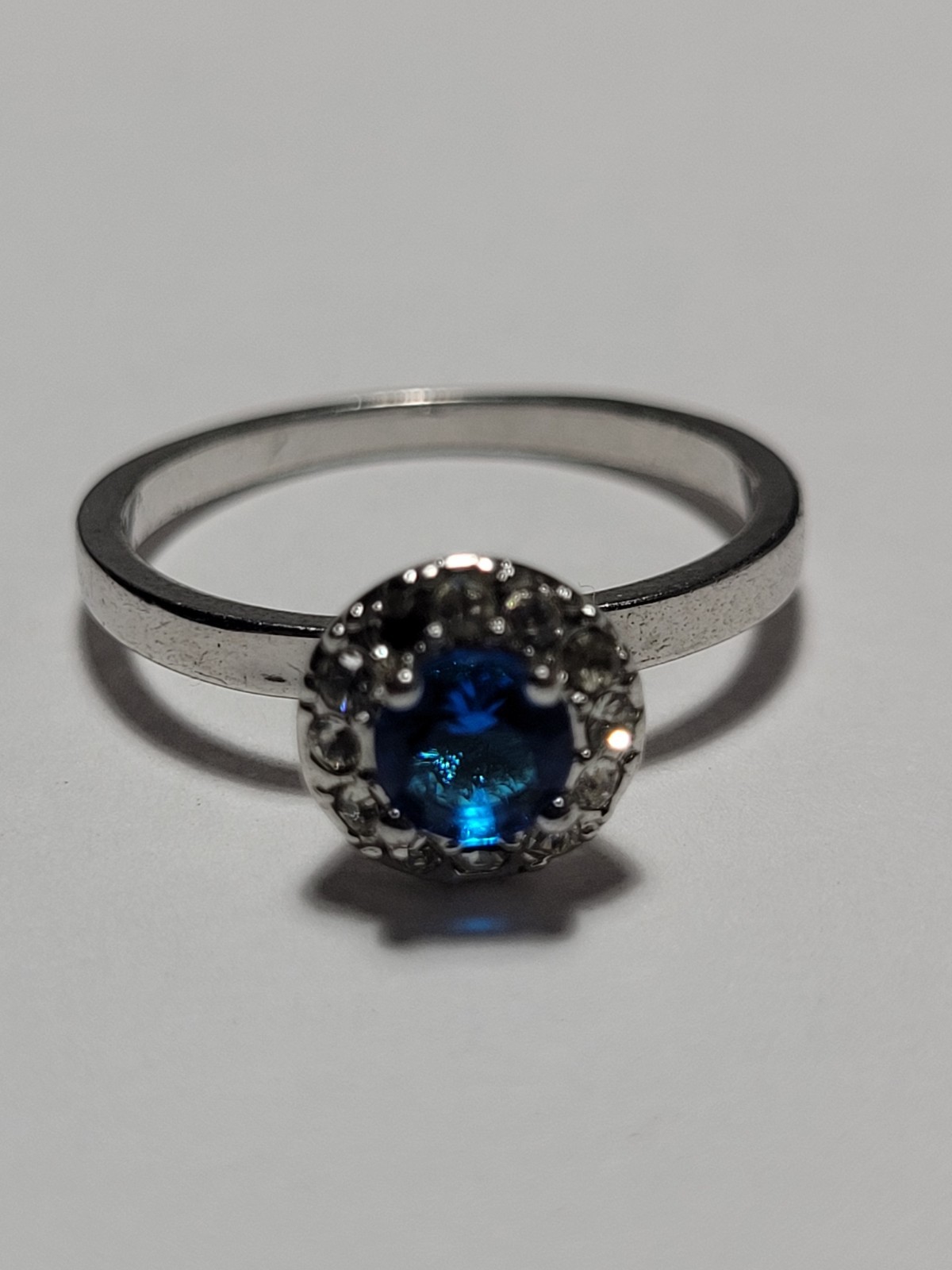 Silvertone Ring Blue Rhinestone Clear Accent Halo… - image 17