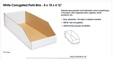 U-LINE S-1053  White Corrugated Parts Bins 8'' 18'' 4.5'' *25/ BUNDLE ULINE