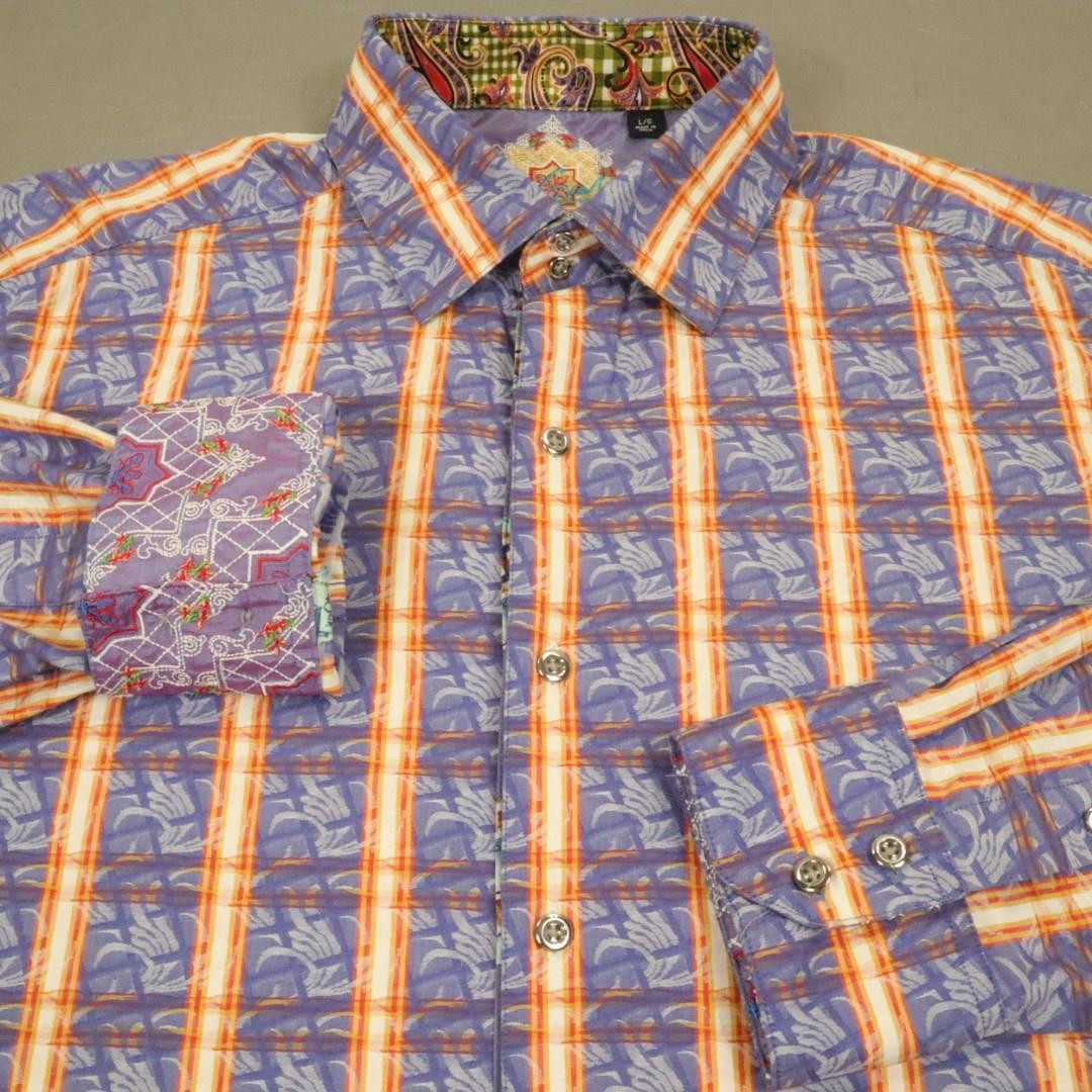 Robert Graham Button Shirt Mens Large Purple Stripe Long Sleeve Flip Cuff Cotton