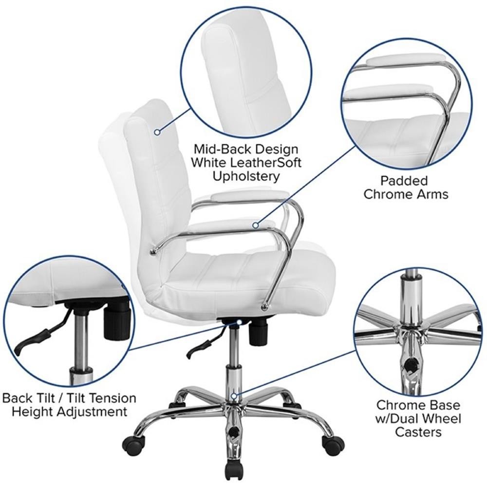 Flash Furniture Mid Back LeatherSoft Office Swivel Chair in White and Chrome