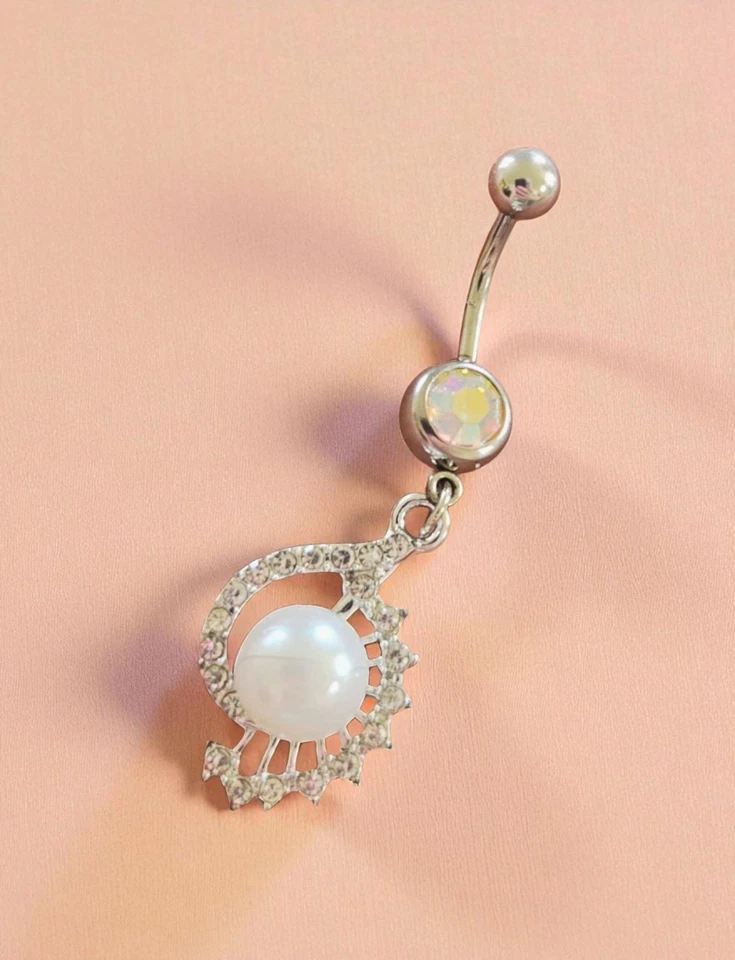 Anillo ombligo cristal perla simulada - Piercing barra ombligo colgante... Foto 3 de 3