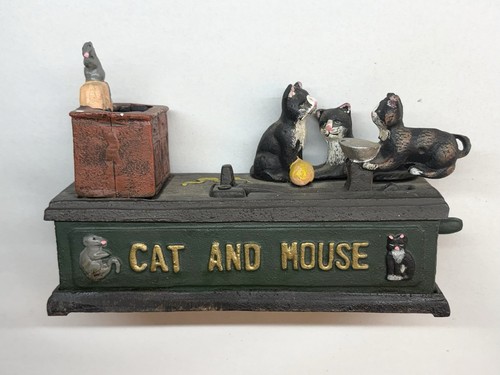 Cast Iron Mechanical Cat and Mouse Bank WORKS! Coin Operated Cats