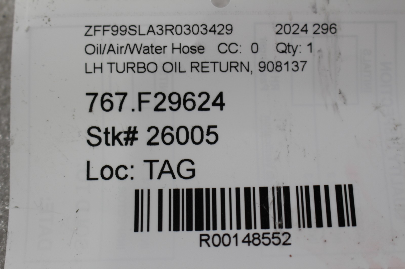 Ferrari 296 GTB, LH, Left, Turbo Return Line, Used, P/N 908137