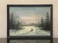 Dipinto olio su tavola rigida vintage epoca sovietica, scena invernale, 35x26 cm con cornice