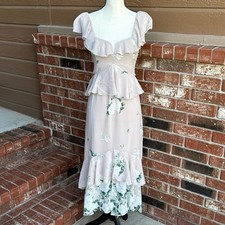 Show Me Your MuMu Reese Ruffle Midi Dress Medium NWT Beige Floral Wedding Guest