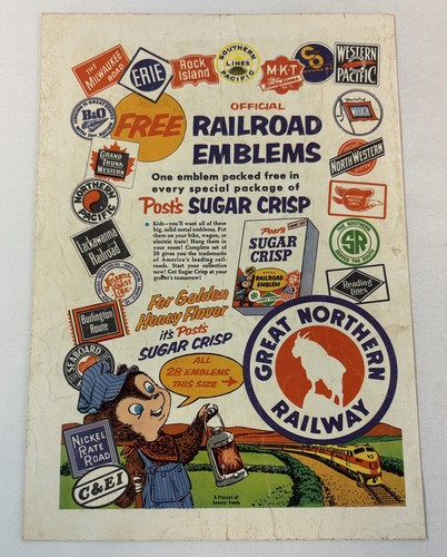 1954 Post Sugar Crisp RAILROAD EMBLEMS premiums ad page