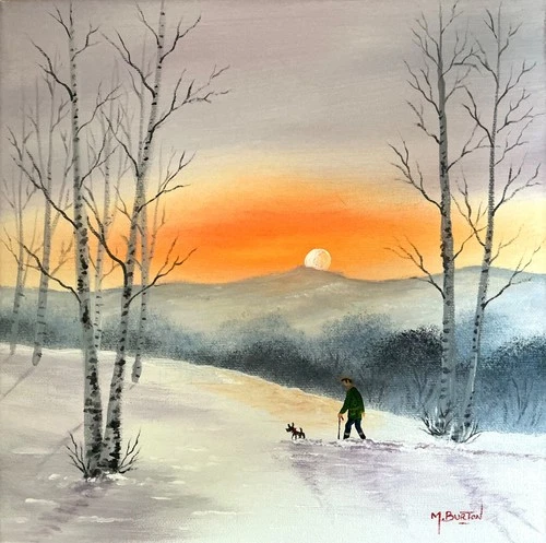 MAL.BURTON ORIGINAL OIL PAINTING  DEEP SNOW TODAY MAN DOG  NORTHERN ART DIRECT .