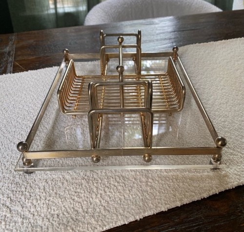 Vintage MCM Lucite And Gold Brass Finish Buffet Caddy - Flatware Organizer - Picture 7 of 11