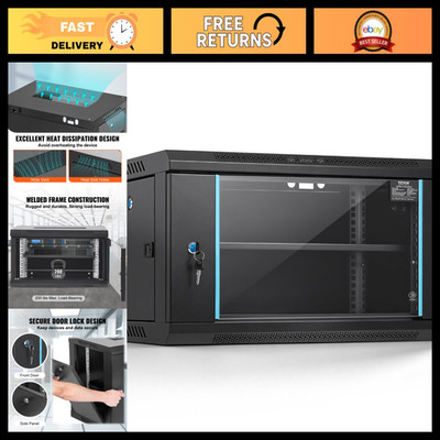 6U Wall Mount Server Rack Cabinet, 14.8'' Deep, Locking Glass Door, 200 lbs Capa