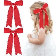 2 PCS Red Hair Bows Grosgrain Ribbon Alligator Clips With Long Tail Girls
