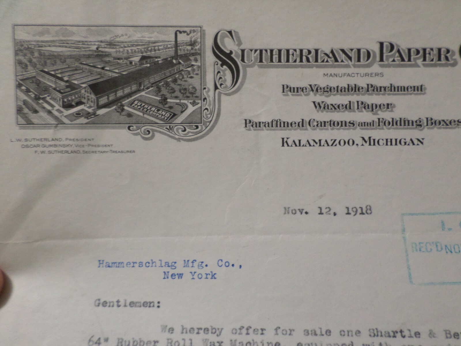 1918 Letter, Sutherland Paper Co. Kalamazoo MI, Autograph F.W
