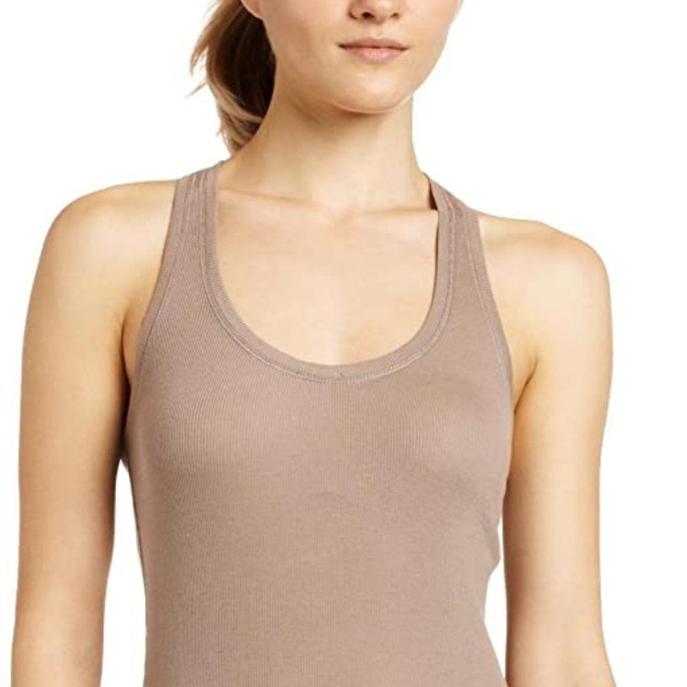 bcbg ribbed tank dress New BCBG Classic Tan Ribbed Knit Sleeveless Bodycon Midi Razorback Tank Dress M