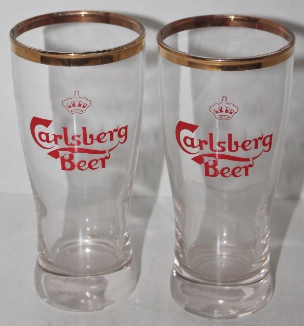 2 VTG Carlsberg Beer Pilsner Glasses Red Crown Logo Dema Glass Made in England