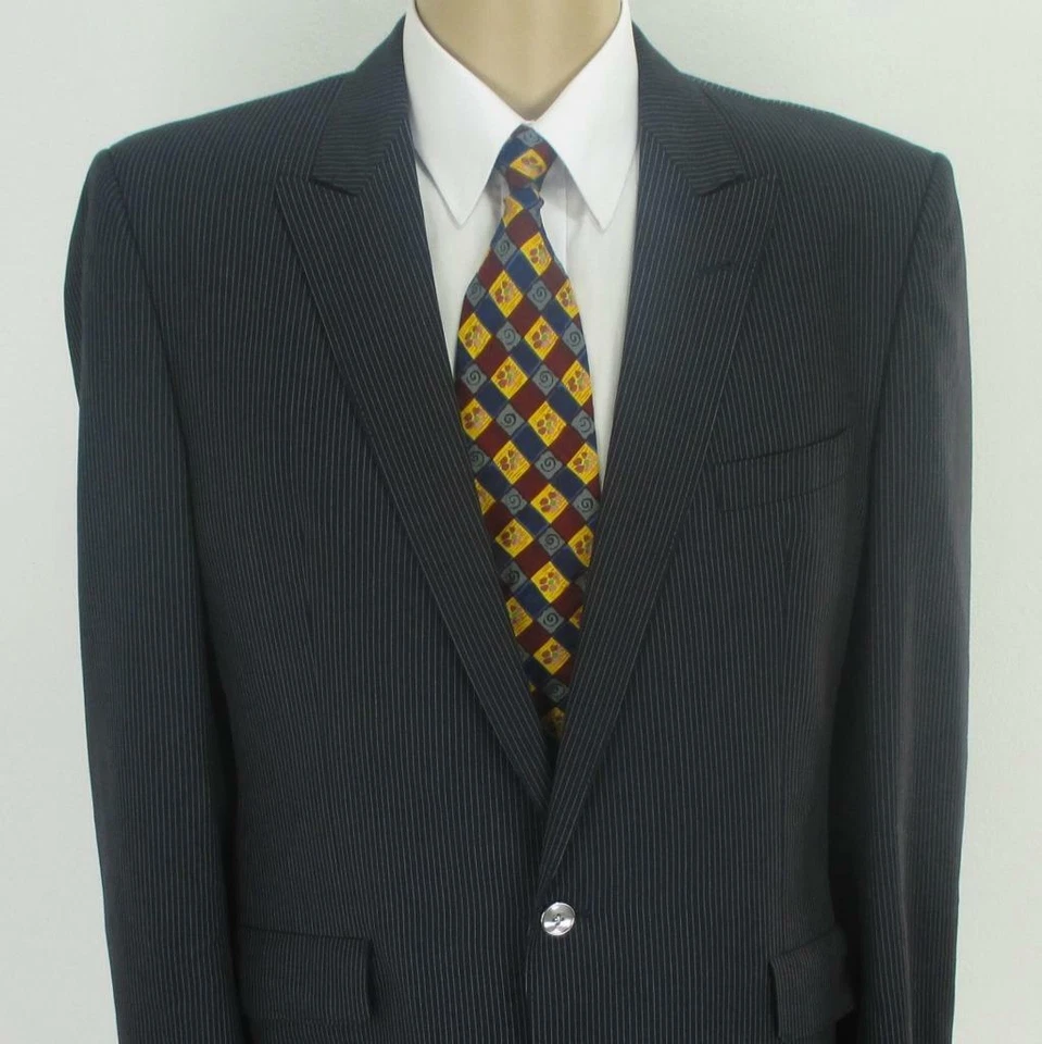 44 L Jacques Dupre Navy Blue Stripe Wool 1Btn Mens Jacket Sport Coat Blazer Mint