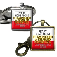 Personalized Medical Alert PETS AT HOME ALONE Glass Top Clip-on Key Chain