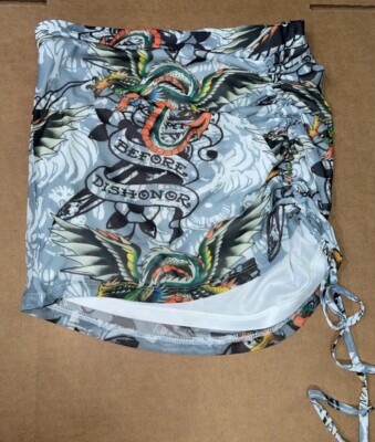 Ed Hardy DRAGON WINGS MESH SCRUNCHED SKIRT SIZE M L XL NEW