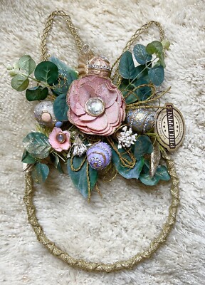 BRAND NWT HANDCRAFTED JEWELED GLAM EASTER BUNNY EARS EGGS FLORAL WREATH 17X10''