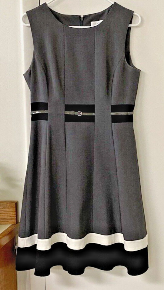 Calvin Klein Dress 8 Gray Black White M20 Fit And Flare W/belt A Line  Sleeveless