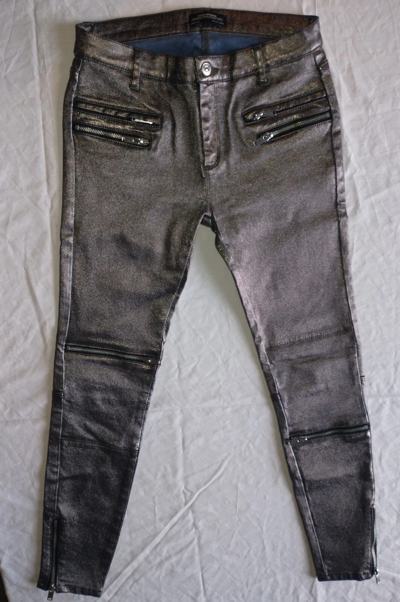 Zara Women Metallic Denim faux Leather Stretch Zipper Moto Jeans 4 | eBay