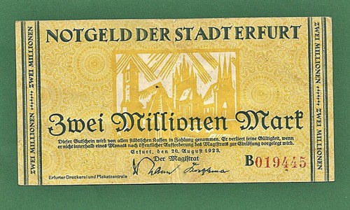 02 118 Dos millones de marcos dinero de emergencia de la ciudad de Erfurt (Turingia), 20 de agosto de 1923