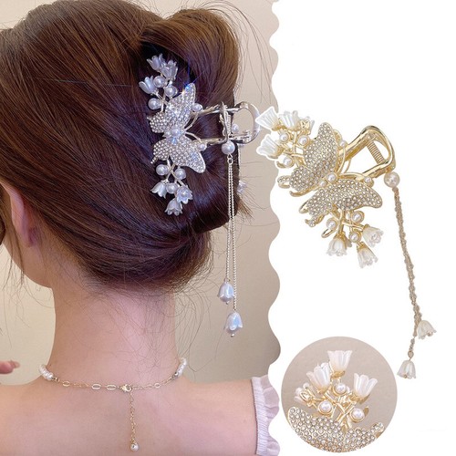Pinza de pelo con flecos de perlas de metal garra mujeres mariposa accesorios para el cabello decoración elegante - Imagen 1 de 18