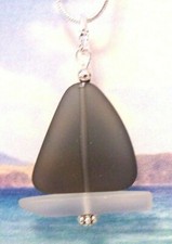 SAILBOAT Sea glass jewelry SMOKY GRAY nautical pendant necklace 18" chain