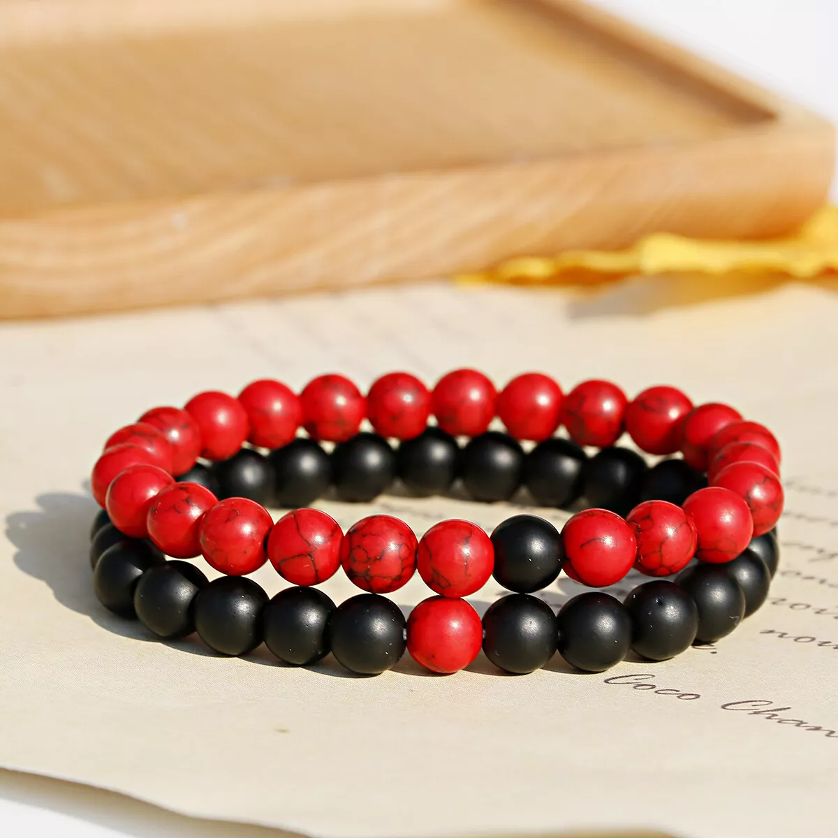 2Pcs Couple Distance Bracelets Women Men Red Black 8Mm Natal Stone Beads  Jewelry