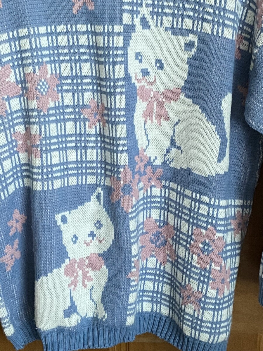 Vintage 80s Adele Kitty Cat Blue Pink Knit Sweater Fairy Kei Sz L Vintage 80s Adele Kitty Cat Blue Pink Knit Sweater Fairy Kei Sz L