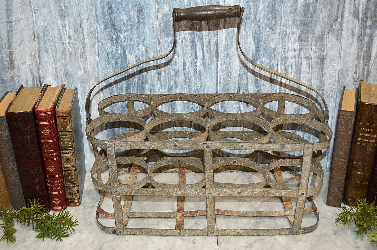 Antique French 8 Bottle Carrier Zinc with Wood Handle Caddy Holder