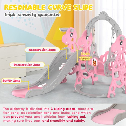 Kids Slide and Swing Set 4 in 1 Toddler Slide Swing Basketball Hoop Pink - Picture 8 of 10