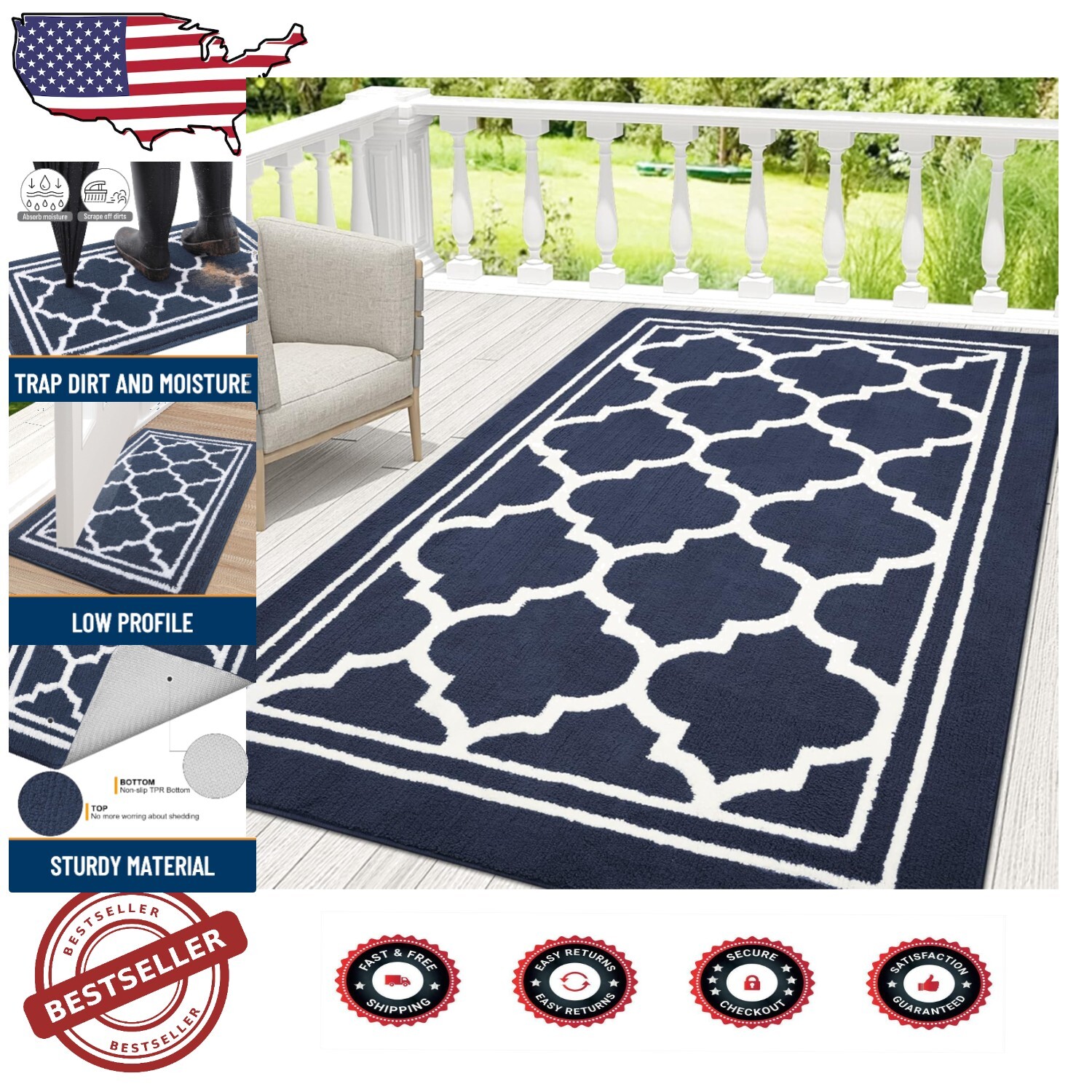 Durable Navy Blue Indoor Doormat - 71x47 Portable, Washable, Non-Slip Design