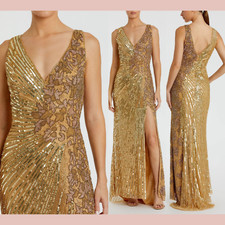 NWT $598 Mac Duggal [ 16 ] 5473 V Neck Beaded Floral Sleeveless Gown Gold #G1904