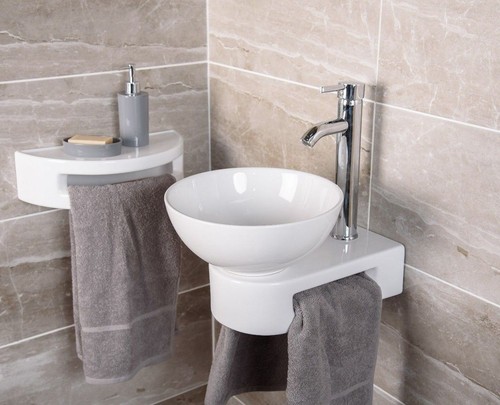 Basin Sink Bathroom White VROMA Countertop Cloakroom Wall Bowl Ceramic Shelf Tap - Picture 4 of 5
