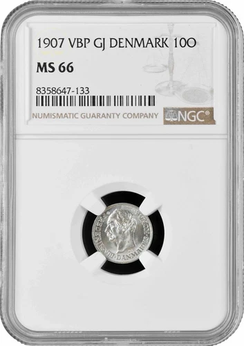 Denmark 10 ore 1907 VBP, NGC MS66, "King Frederick VIII (1906 - 1912)" silver