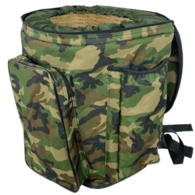 ACQUAVERDE ZAINO MIMETICO per RACCOLTA FUNGHI con CESTA in VIMINI 3 TASCHE XL cm 40x30x41